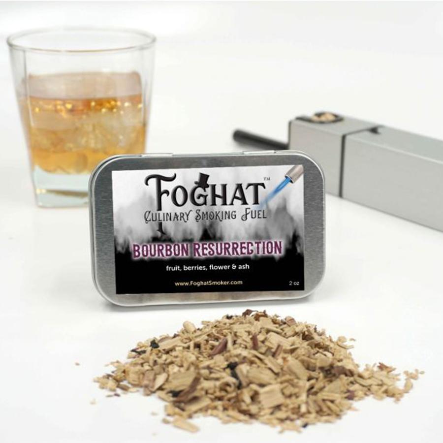 Bourbon Resurrection - Luxury Foghat Culinary Smoking Fuel - wood chips in front, tin in the middle and drink in back on white background