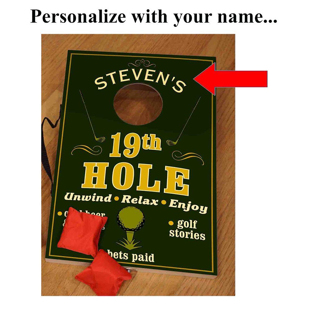 Custom 19th Hole Mini Bean Bag Toss Set displayed on wood background with bean bags