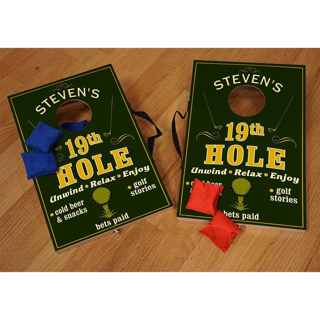 Custom 19th Hole Mini Bean Bag Toss Set displayed on wood background with bean bags