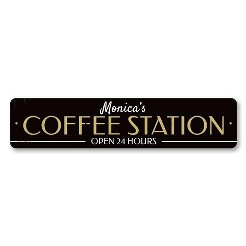 Custom Coffee Station Sign displayed above a coffee bar with espresso machine and cubs;