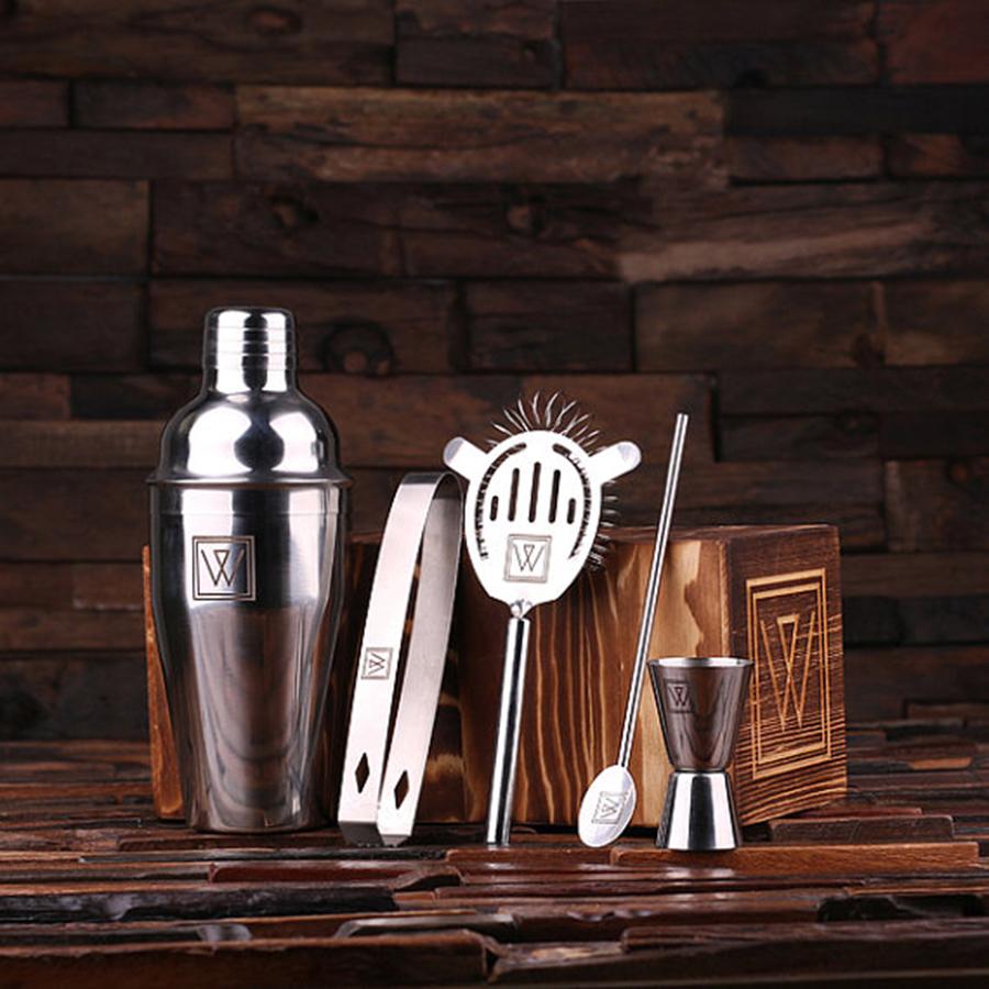 Custom Monogrammed Cocktail Making Set displaying shaker, jigger, spoon, ice tongs, and strainer