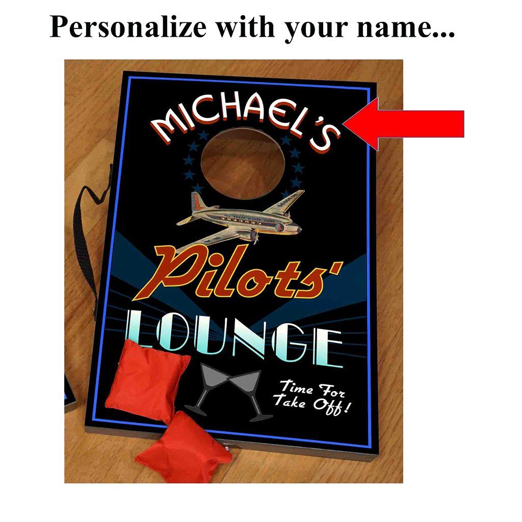 Custom Pilots' Lounge Mini Corn Hole Set with blue and red bean bags on wood background