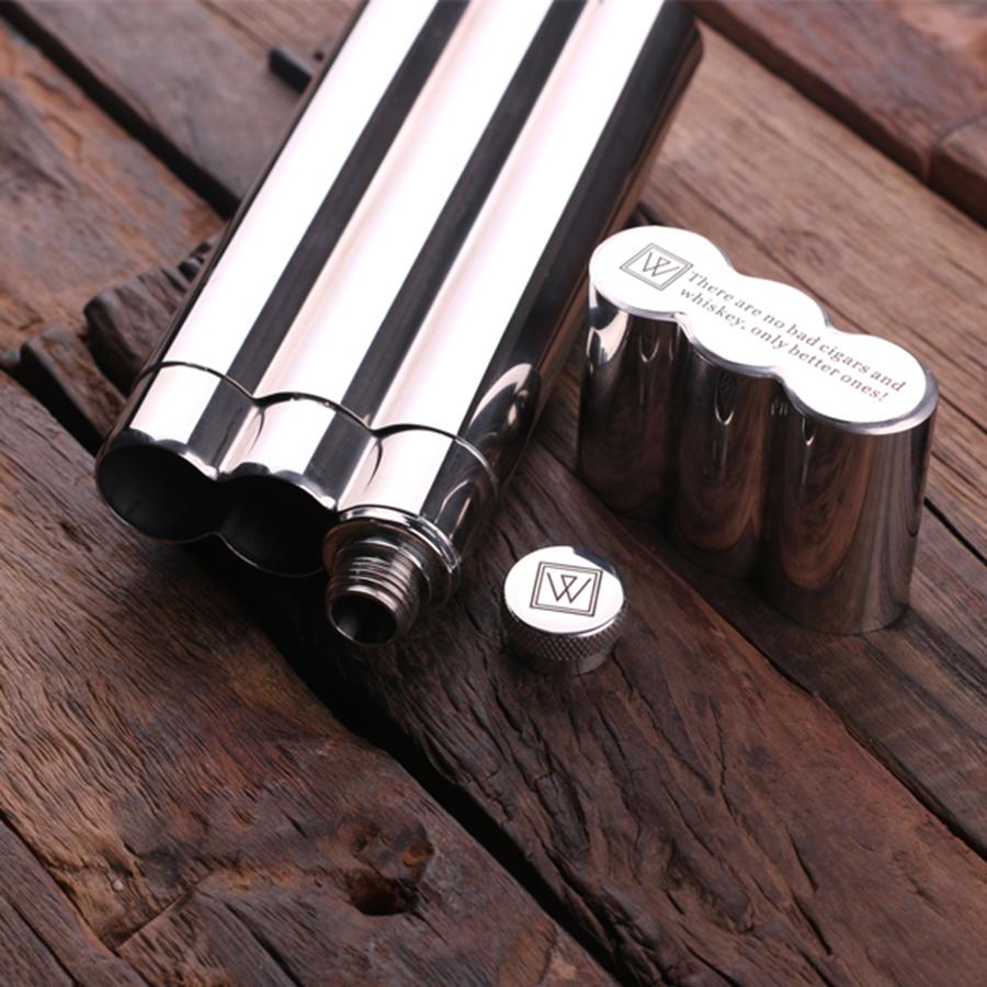 Custom Stainless Steel Cigar Holder Whiskey Flask & Cutters - laying on wood background with top off of holder and cigar cutter laying next to it