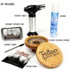 Foghat Cocktail Smoker Set includes - torch, butane, smoking fuel, cleaning brush, instructions, and foghat smoker with mesh