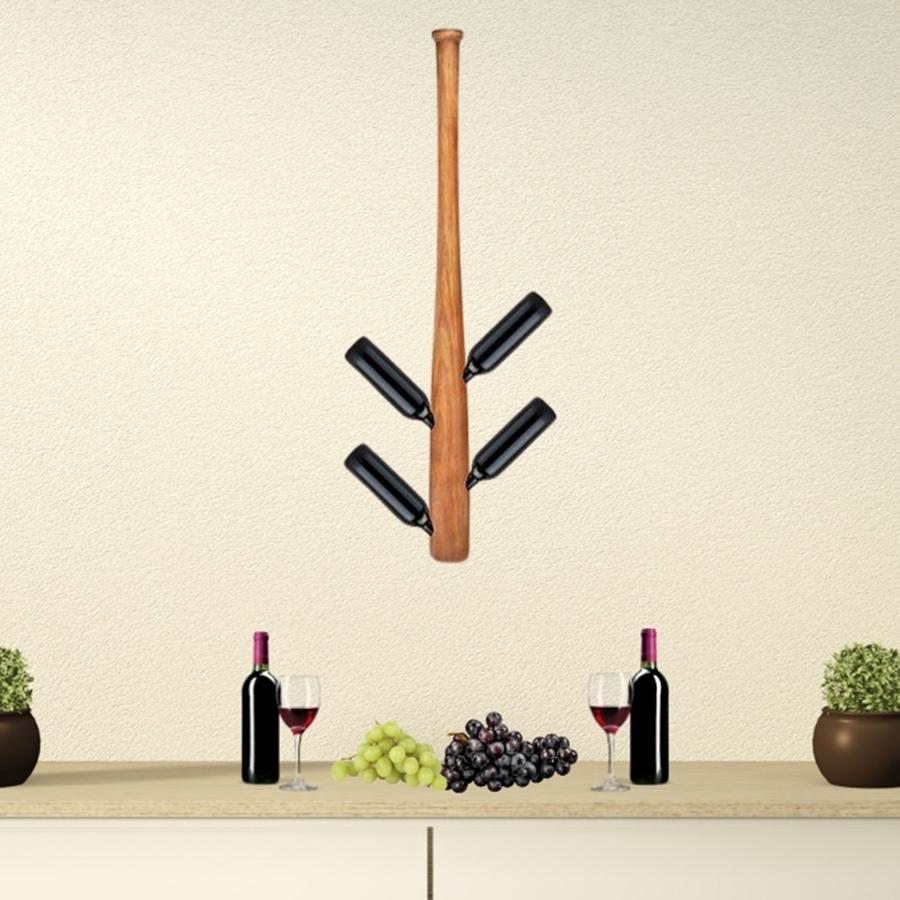Grand Slam Wall Mounted Baseball Bat Bottle Rack displayed on wall above side board with grapes and wine below.