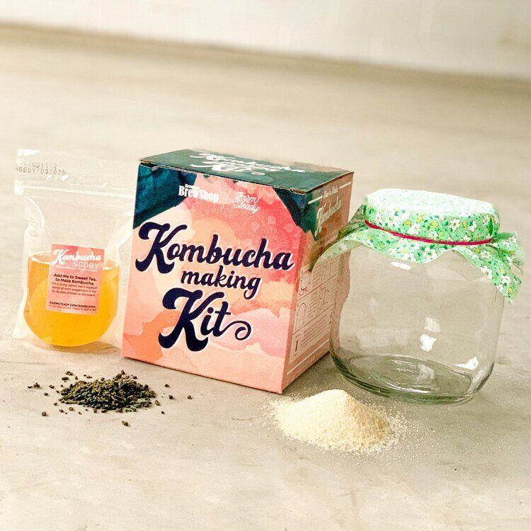 Kombucha King Kombucha Making Kit displayed on table with Kombucha jar and box displayed