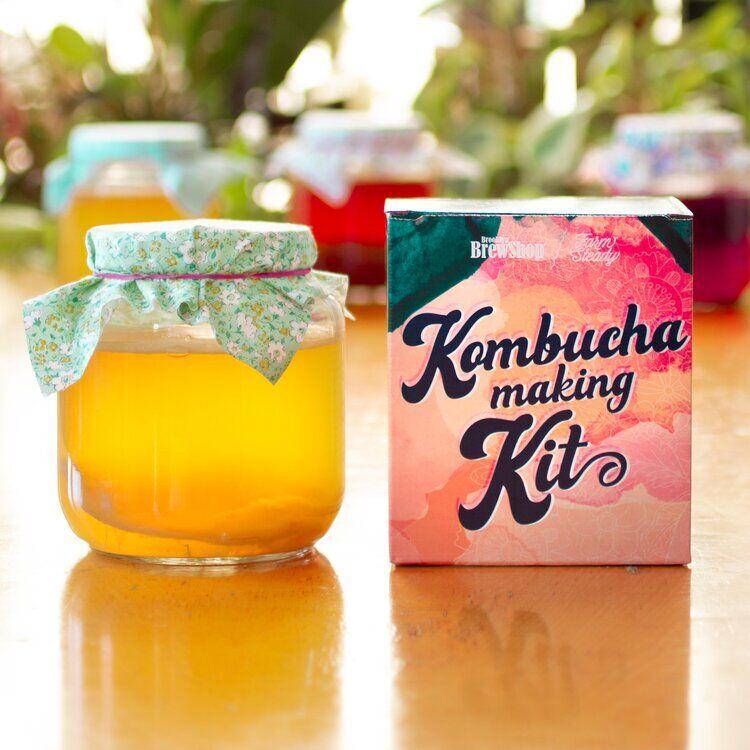 Kombucha King Kombucha Making Kit displayed on table with Kombucha jar and box displayed